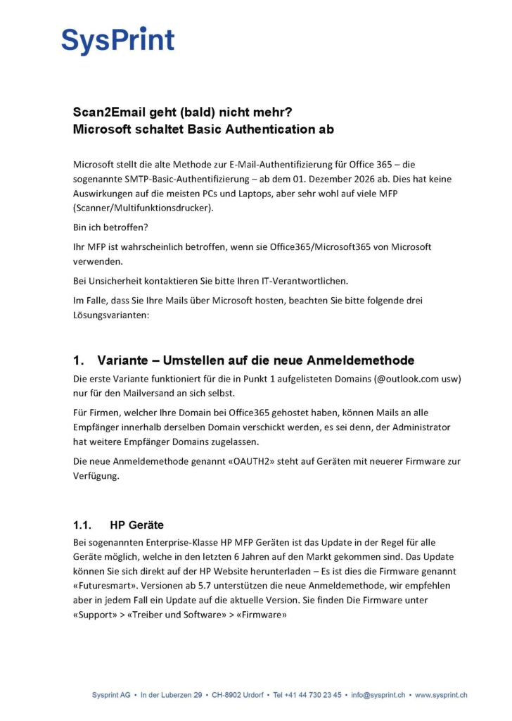 1_Scan2mail von Microsoft Basic Authentifizierung schaltet ab: 3 Lösungsvarianten von Sysprint AG zur Verfügung gestellt