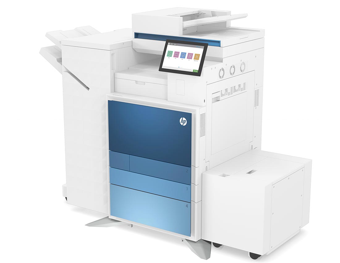 Sysprint A3 Multifunktionsgeräte von HP - Vielseitiges Bürosystem, das vom Etikettendruck, über Briefumschlag bis A3-Format druckt und scannt. Ideal, wenn detailgenaue Drucke, grössere Druckflächen, höhere Produktivität und professionelle Qualität gefordert sind. Erweiterte Endverarbeitung wie Heften, Lochen und Bookletherstellung möglich.