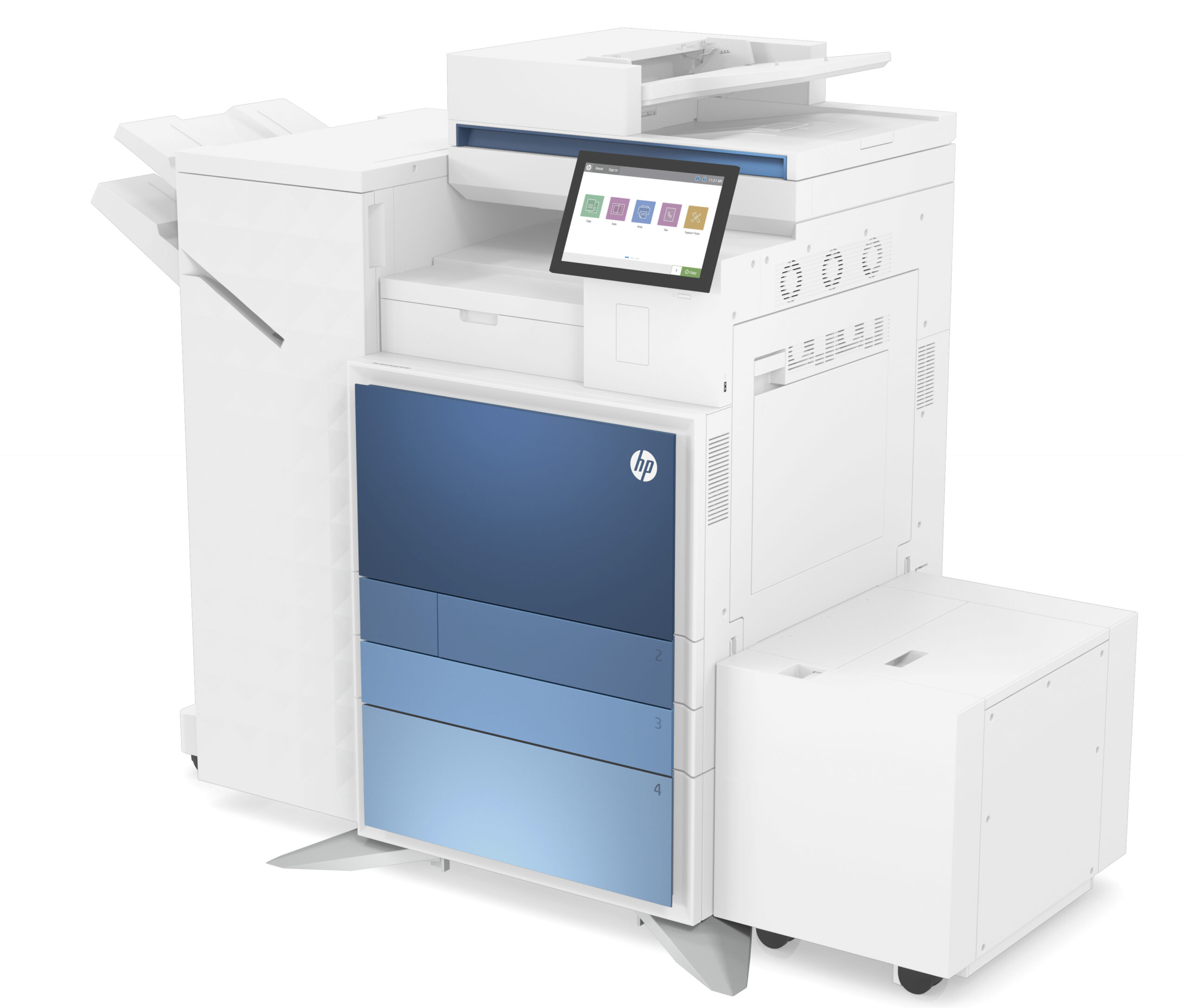 Sysprint A3 Multifunktionsgeräte von HP - Vielseitiges Bürosystem, das vom Etikettendruck, über Briefumschlag bis A3-Format druckt und scannt. Ideal, wenn detailgenaue Drucke, grössere Druckflächen, höhere Produktivität und professionelle Qualität gefordert sind. Erweiterte Endverarbeitung wie Heften, Lochen und Bookletherstellung möglich.