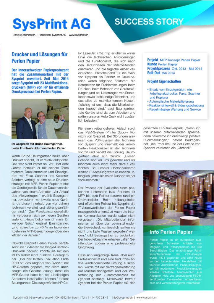 SUCCESS_STORY_Perlen Papier mit Sysprint - HP-Multifunktionsgeräte, effiziente Druckprozesse, Preis-Leistungs-Verhältnis, Kosteneinsparungen
