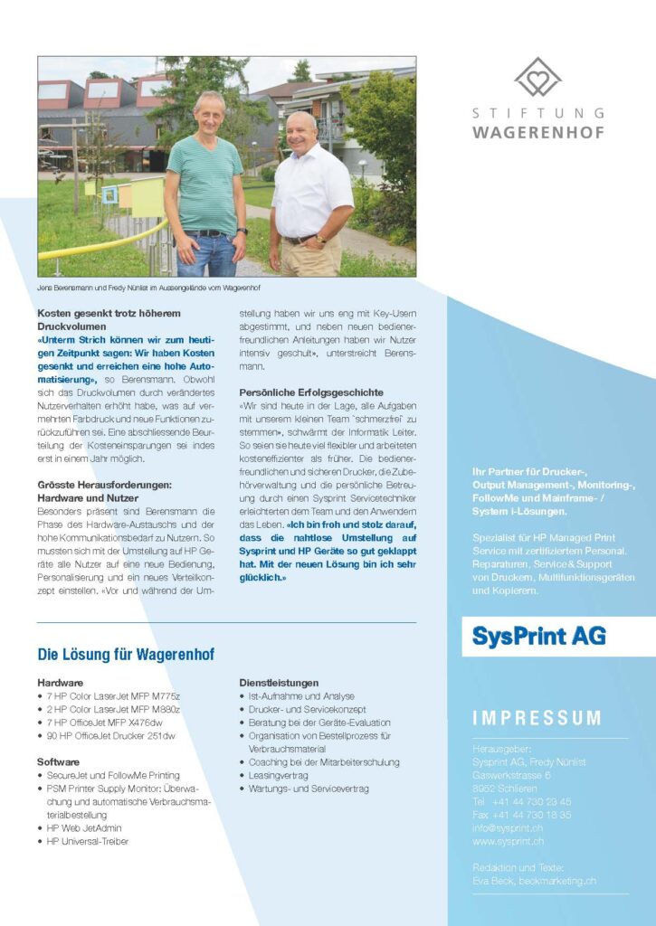 SUCCESS_STORY_Stiftung Wagerenhof mit Sysprint - effiziente Drucktechnik, pragmatischer Lösungsprozess, Zusammenarbeit auf Augenhöhe