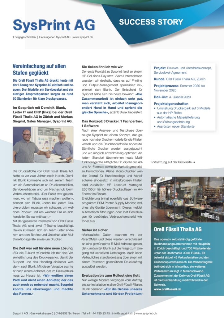 1_Success Story Orell Füssli Thalia AG mit Sysprint AG_1 - Druckerkonzept, Druckermodelle, Serviceleistungen
