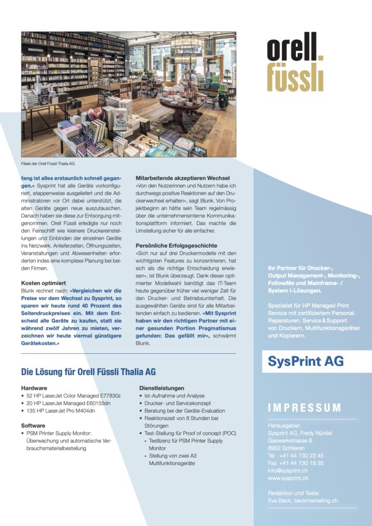 2_Success Story Orell Füssli Thalia AG mit Sysprint AG- Druckerkonzept, Druckermodelle, Serviceleistungen